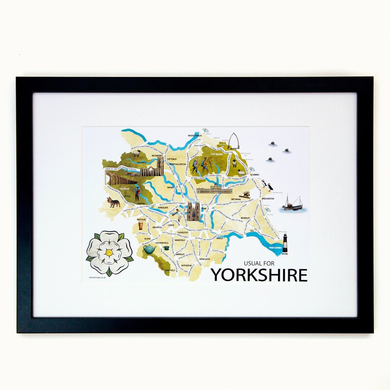 Yorkshire illustrated art gift map with funny hand-drawn phrases and sayings. Features White Rose and comical cartoon artwork of Yorkshire culture. Shows Leeds, York, Middlesborough, Harrogate, Keighley Halifax, Ripon, Skipton, Bradford and Hull