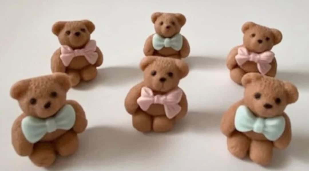 12pc. Fondant Bear Cake Topper: Sitting Edible Bear With Bow, Cupcake ...