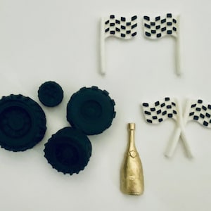 Fondant car cake topper, race car cake topper, tires cake topper, Flag cake topper, Champagne bottle cake topper, tires cake topper.
