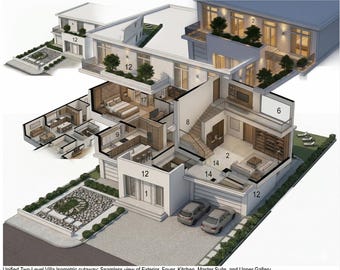Modern Villa House Plans, Architectural Design, AutoCAD DWG, PDF Blueprints (Digital Download)