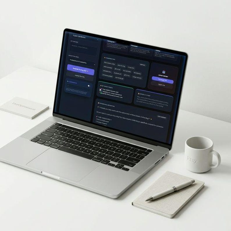 May include: A silver laptop showing a dark software interface with data fields and buttons. A white mug with "hey" is beside the laptop, plus a notepad and pen. A small white card is also present. The laptop is open on a white surface.