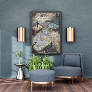 May include: A framed map titled "Aethel's Realm" hangs on a teal wall, with sconces either side. A grey chair and ottoman with gold trim sit below. A small silver table holds a plant, and a larger plant sits in front.