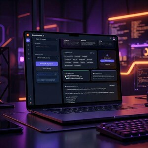May include: A laptop screen showing the EtsyOptimizer.ai interface, with multiple features and options. A keyboard is in the foreground. The background has a futuristic, tech-focused aesthetic with neon lighting.