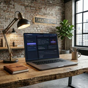May include: A laptop displaying a website interface sits on a wooden desk, next to a brown leather journal. A brass desk lamp and a mug with pencils are also on the desk. The sign above the desk reads "CREATIVE HUB".