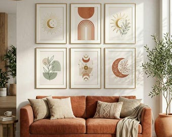 Boho Celestial Sun Moon Prints, Terracotta Sage Gallery Wall Art (Digital Download)