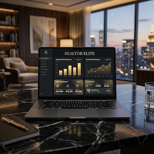 Pode incluir: Um laptop exibindo as palavras "REALTOR ELITE" e dados financeiros, incluindo desempenho de vendas e tendências de mercado. O laptop está em uma superfície de mármore preto, com uma caneta e um caderno por perto. Um copo de água está à direita.