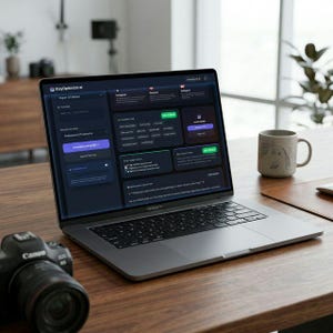 May include: A MacBook Pro laptop displaying the EtsyOptimizer.ai website interface, with a Canon EOS camera and a coffee mug on a wooden desk. The website interface has a dark theme with various options and buttons.