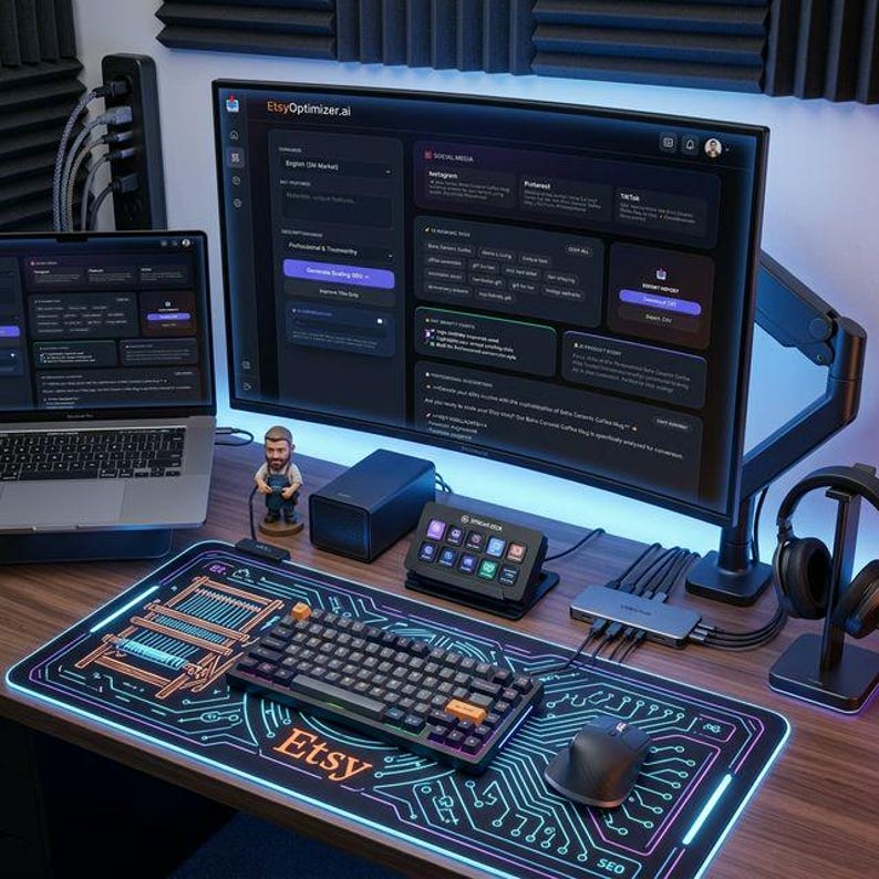 May include: A contemporary desk setup with a large monitor showing a website interface, a laptop, and a mechanical keyboard. The desk includes a mouse, an Etsy-branded mousepad, and a small figurine. The setup is lit with blue LED lighting.
