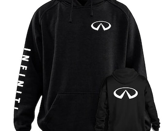 May include: Black hooded sweatshirt with a white Infiniti logo on the chest and back. The word INFINITI is printed in white down the left sleeve. The sweatshirt has a front pocket and a hood.