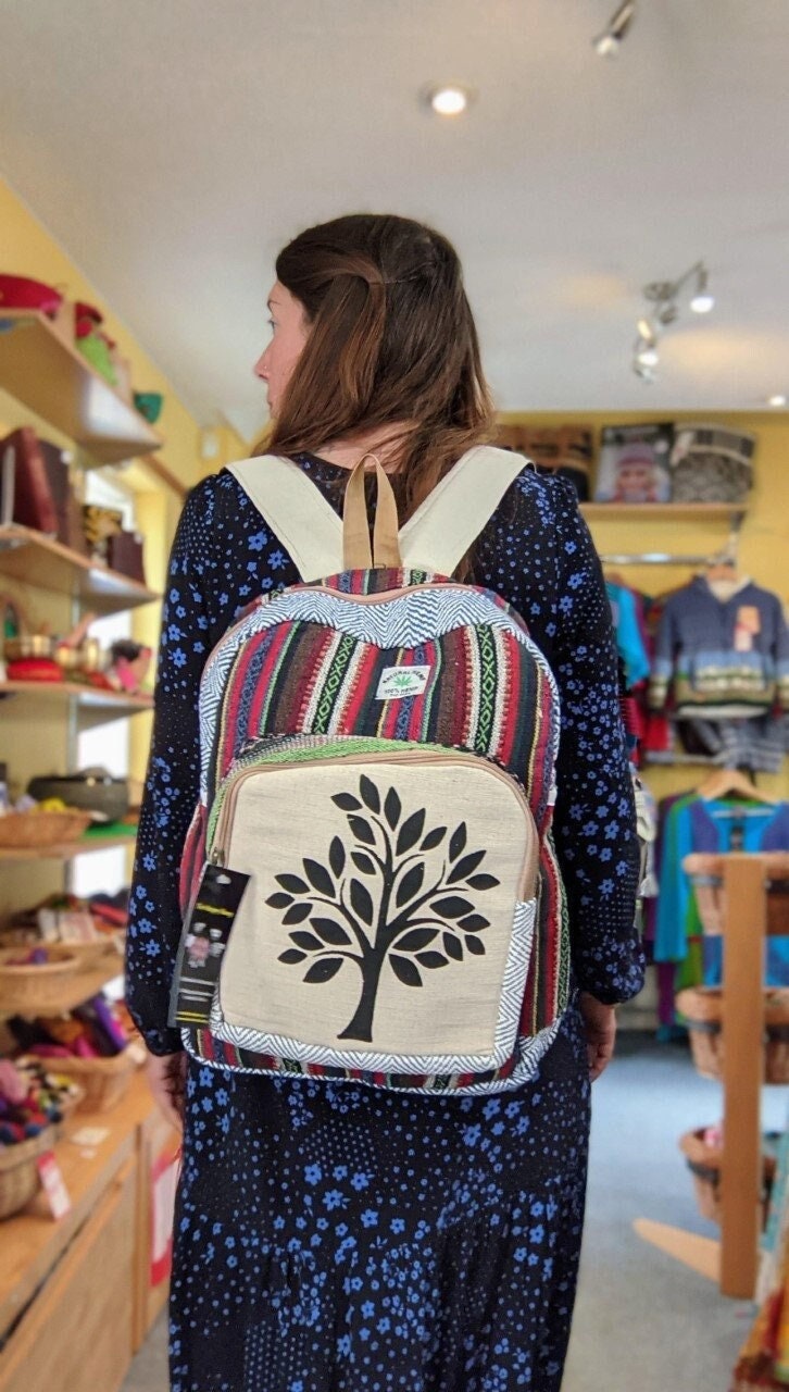 Beautiful Colorful Strip Large Pure Hemp Multi Pocket Backpack with Tree of Life Large Multi Pocket Natural Hemp Handmade Backpack Tree of  main image 3