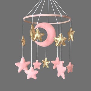 Personalized Powder Pink and Gold Moon and Stars Baby Mobile  Felt Decor Nursery Crib Decor Baby Room Decor Newborn Baby Shower Gift NewYear