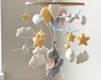 Baby Mobile with Elephant Balloons and Seagulls Neutral Hanging Mobile, Elephant Nursery Decor, Mother's Day Gift, New Burn Baby Shower Gift