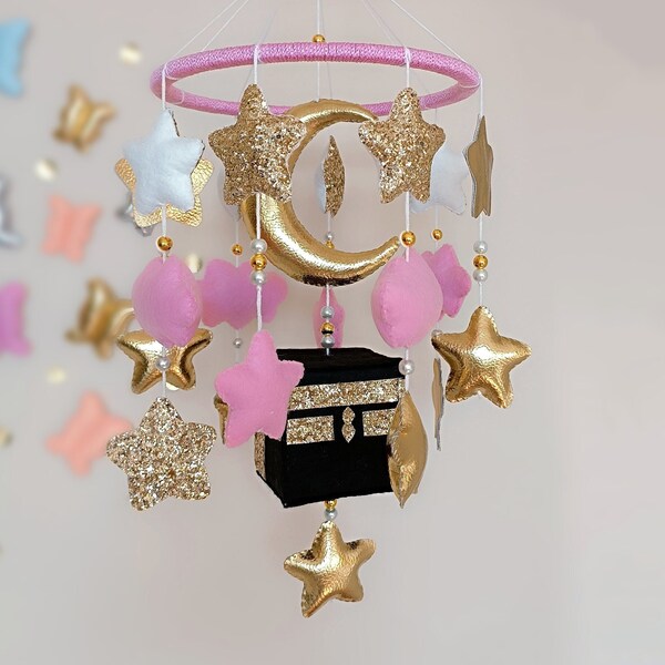 Mobile bébé kaaba, mobile bébé islamique, décoration de chambre de bébé fille, cadeau pour elle et pour lui, cadeau pour hijab, cadeau kaaba bébé pour fille, fille musulmane