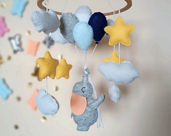 Free Shipping!Crib Mobile,Elephant with Balloons baby mobile, Baby Gift, Nursery Decor Felt Crib mobile,Handmade Baby Mobile,Cat baby mobile