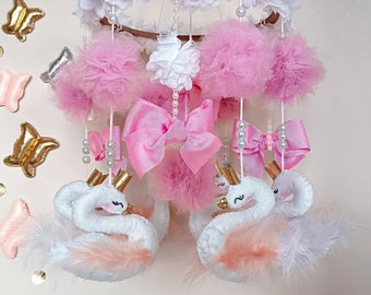 Roze Zwaan Baby Mobile, zoete Zwaan Mobile, Baby Meisje Kamer Decor, cadeau voor haar,kerstcadeau voor Baby,Nieuwjaar cadeau voor Meisje