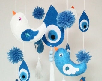 Blue Bird Baby Mobile,Sweet Bird Mobile,Baby Room Decor,Gift ,Christmas Gift for Baby,New Year Gift For Girl, Blue Baby Mobile