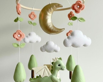 Dragon Baby Mobile Handmade Personalized Hanging Mobile Crib Hang Mobile Felt Animals Dragon Mountains Decor Baby Shower Gift Dragon Decor