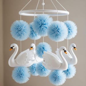 Personalized Blue Swan Baby Mobile For Boy And Girl Room Felt Decor Mom And Baby Shower Gift Swan Nursery Decor Pospartum Gift