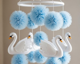 Móvil personalizado de cisne azul para habitación de niño y niña, decoración de fieltro, regalo para baby shower, decoración de guardería con cisnes, regalo posparto