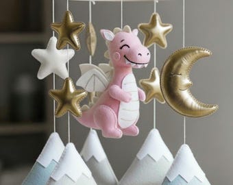 Dragon Baby Mobile Handmade Personalized Hanging Mobile Crib Hang Mobile Felt Animals Dragon Mountains Decor Baby Shower Gift Dragon Decor