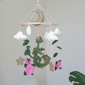 Dragon Baby Mobile Girl and Flowers Handmade Personalized Fantasy Hanging Crib Mobile Dragon Nursery Decor Baby Shower Gift