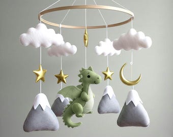 Dragon Baby Mobile Handmade Personalized Hanging Mobile Crib Hang Mobile Felt Animals Dragon Mountains Decor Baby Shower Gift Dragon Decor
