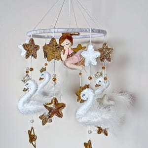 Personalized Baby Girl And White Swans Baby Mobile Sweet Swan Baby Girl Room Decor Baby Shower and Mom Gift Princess Baby Room Decor Newborn