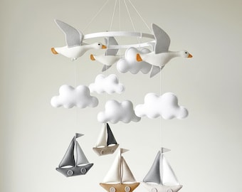 Segelbåtsmobil, neutral duva, babymobil, havsbåt, marina, barnsängsmobil, havsdjur, barnrumsmobil, havsdjur, babyshowerpresent