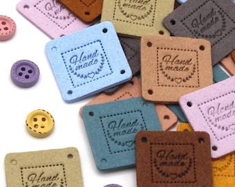 Handmade Label Quadratisch, Kunstlederlabel für Taschen & Handmade Sachen , Lederetiketten mit Herz Print zum Nähen, 20 Stück