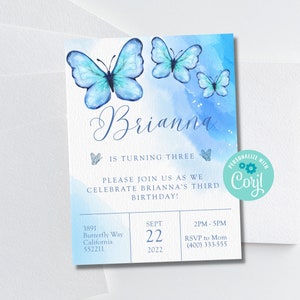Butterfly Invitation, Blue Butterfly Invitation Birthday Party Digital, Butterfly Invitation Instant Download, blue butterfly Invite