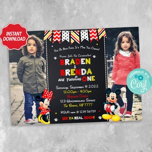 Mickey & Minnie Mouse birthday invitation, Sibling birthday invitation, Twin birthday party