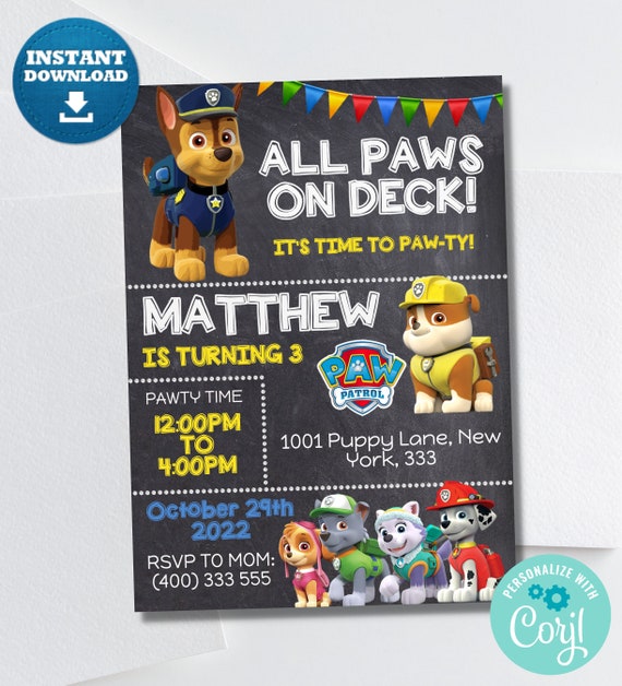 Paw Patrol Birthday Invitation Patrol Invitation Instant - Etsy