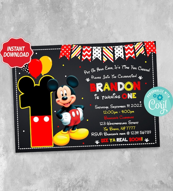 Mickey Mouse Birthday Invitation Mickey Mouse Invitation Etsy
