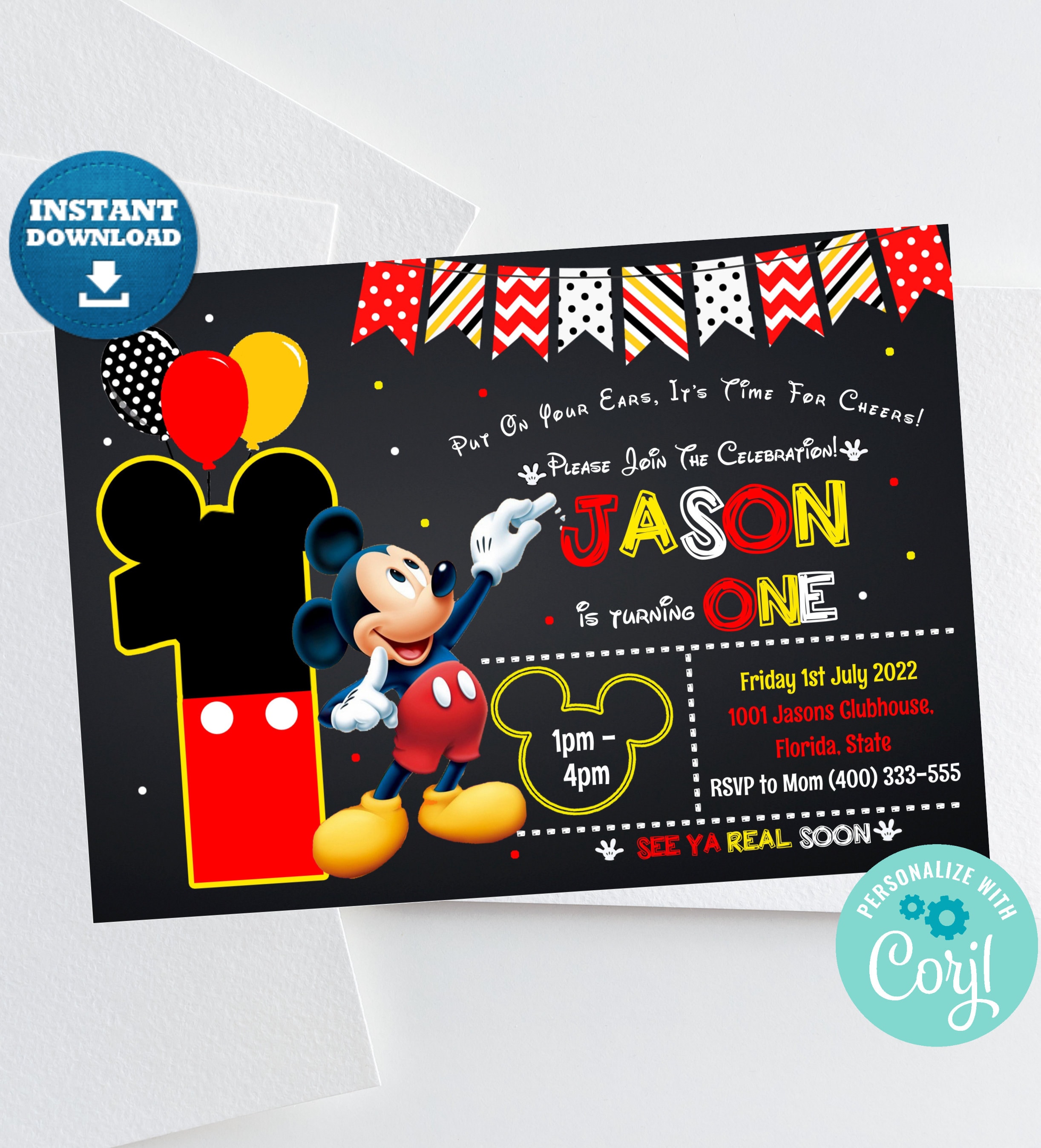 Mickey Mouse 1st Birthday Invitation Mickey Mouse Invitation