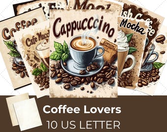 Puede incluir: Diez páginas imprimibles con ilustraciones de estilo vintage de bebidas de café, incluyendo cappuccino, mocha y café macchiato. Las páginas están diseñadas para su uso en diarios de desecho.