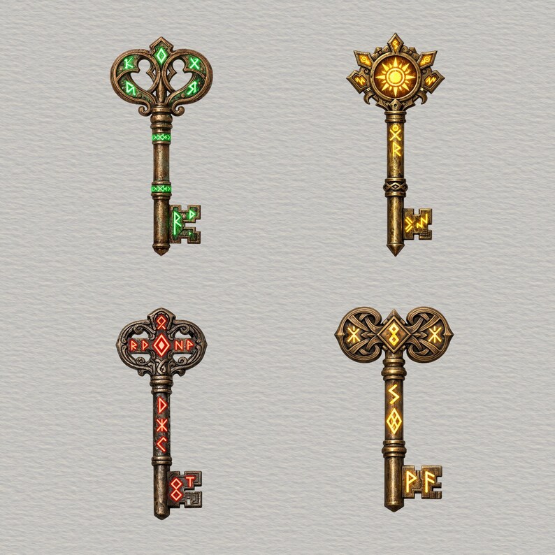 Enchanted Key Graphics Ancient Rune Keys Clipart | 8 PNG Fantasy Magic Keys | Norse Runic ...