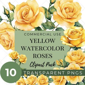 Yellow Watercolor Roses Clipart Pack, Flower Ephemera, Vintage Junk Journal Clip Art, 300 DPI Transparent PNG Instant Digital Download