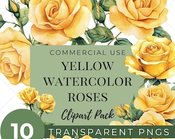 Paquete de imágenes prediseñadas de rosas amarillas en acuarela, efímeras florales, imágenes prediseñadas de estilo vintage para diarios creativos, PNG transparente de 300 ppp para descarga digital instantánea.