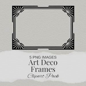 May include: Black Art Deco frame clipart pack with a rectangular shape and geometric corner designs. The image includes the text "5 PNG IMAGES Art Deco Frames Clipart Pack". The frame is set against a light gray watercolor background.