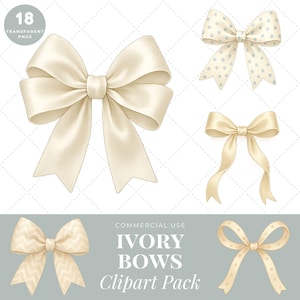 Op de afbeelding: Clipart-pakket met ivoorkleurige strikken. De afbeelding toont vijf verschillende strikdesigns, waaronder effen satijnen strikken en strikken met stippen en zigzagpatronen. De tekst "IVORY BOWS Clipart Pack" is ook inbegrepen.