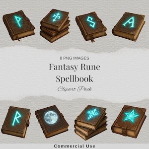 May include: Eight PNG images of fantasy rune spellbooks. The books are brown with glowing teal runes and symbols. The text "Fantasy Rune Spellbook Clipart Pack" is displayed.