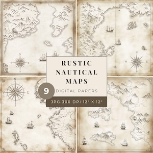 Rustic Watercolor Nautical Maps Digital Paper, Ancient 12x12 300 DPI JPG Scrapbook Paper, Commercial Use Digital Download