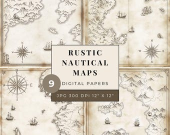 Rustic Nautical Maps Digital Paper, Antique Map Printable Scrapbook Pages, Vintage Junk Journal Paper, 12x12 Commercial Use