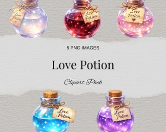 Love Potion Clipart, Magical Potion Bottles for Valentine's Day, 5 PNG Images for Crafts, Design, and Sublimation