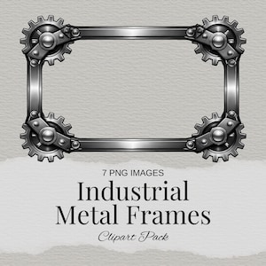 Könnte beinhalten: Ein rechteckiger industrieller Metallrahmen mit zahnradförmigen Eckakzenten. Der Rahmen hat eine dunkelmetallische graue Farbe. Der Text "Industrial Metal Frames Clipart Pack" befindet sich darunter.