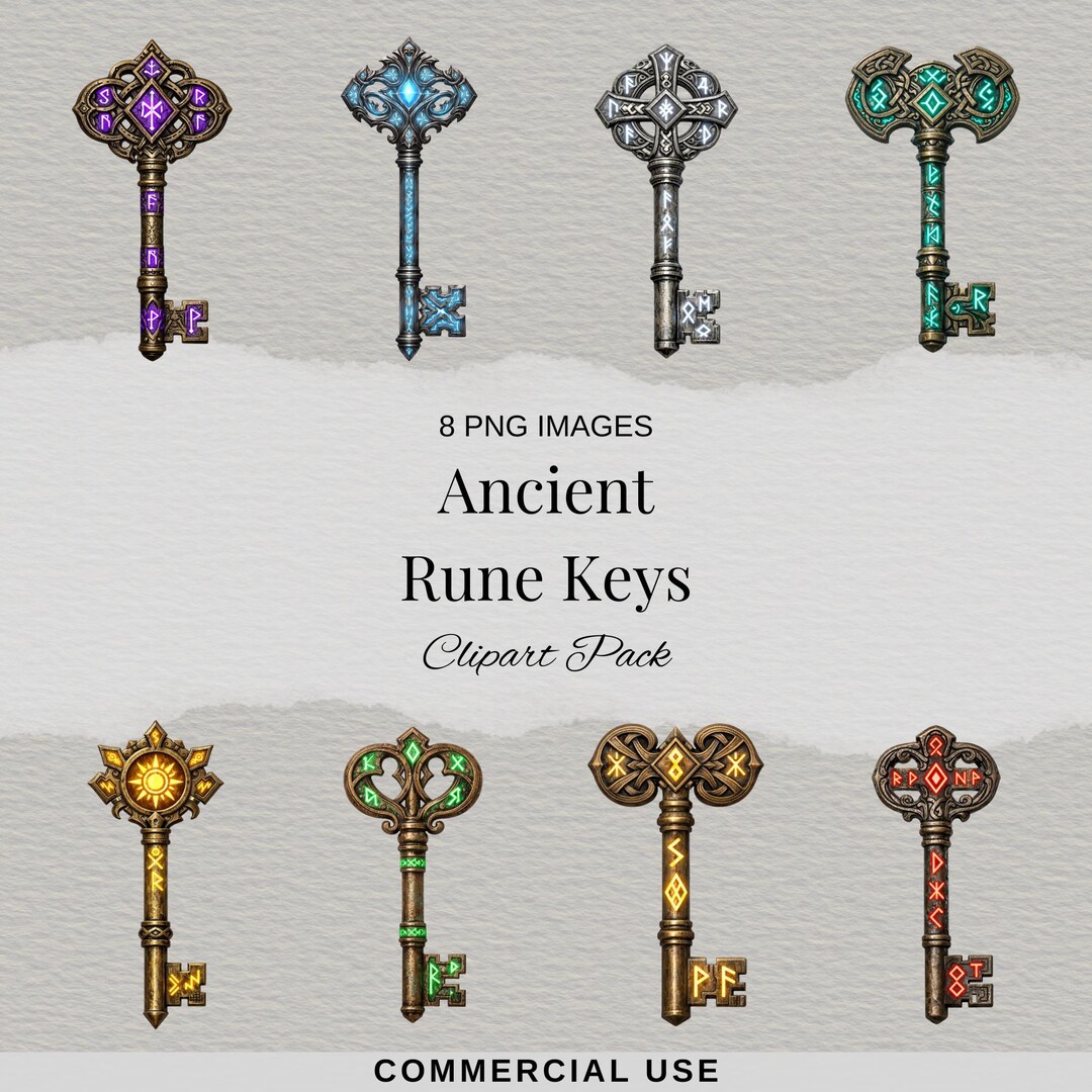Enchanted Key Graphics Ancient Rune Keys Clipart | 8 PNG Fantasy Magic Keys | Norse Runic ...