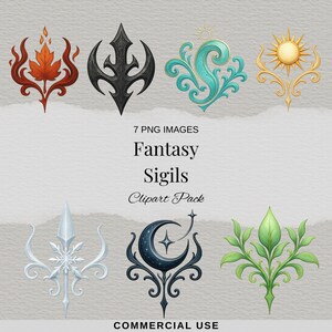 May include: Seven fantasy sigils in a clipart pack. The designs include a red and orange leaf, a black ornate shape, a teal swirl, a gold sun, a silver spear, a dark blue crescent moon, and green leaves. The text reads "Fantasy Sigils Clipart Pack" and "Commercial Use."