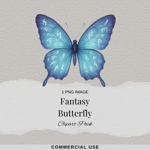 May include: A digital illustration of a fantasy butterfly. The butterfly is a vibrant shade of blue with intricate patterns and glowing accents on its wings. The image includes the text "Fantasy Butterfly Clipart Pack".