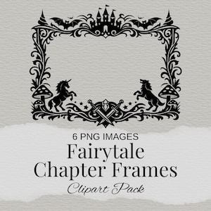 Könnte beinhalten: Schwarzer Märchenrahmen mit Burg, Fledermäusen, Einhörnern, Pilzen und gekreuzten Schwertern. Der rechteckige Rahmen hat eine verzierte Rankenarbeit und den Text "Fairytale Chapter Frames Clipart Pack".