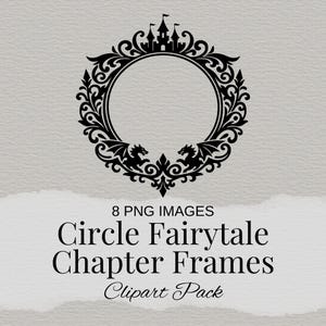 Puede incluir: Marco circular negro con temática de cuento de hadas con un castillo en la parte superior y siluetas de dragones en la parte inferior. El texto dice "8 PNG Images Circle Fairytale Chapter Frames Clipart Pack."